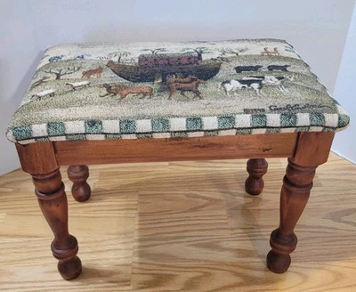 Vtg 1996 Noah's Ark Foot Stool Ottoman Wooden with Tapestry Top Artist Signed  - Image 1 of 4