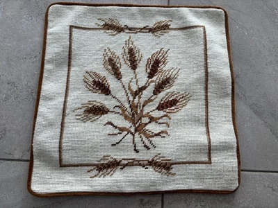 NEW Handmade Wool Needlepoint Throw Pillow Cover Plants Wheat Farm Brown Tan 14" - Image 1 of 3
