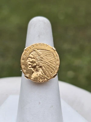 1914 $2.5 dollar Liberty Indian Head Gold Coin Solid 14K Yellow Gold Ring Size 7 - Image 1 of 4