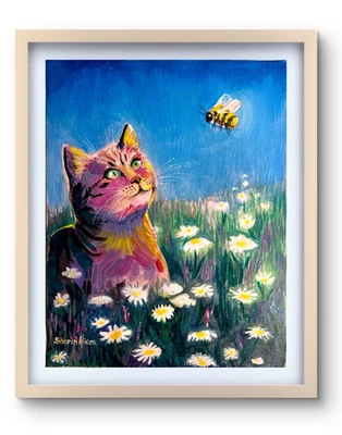 Cat and Bumblebee - Expressionist Figurative Art 14x11 Acrylic Painting on Paper - Image 1 of 4