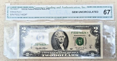 C.G.A. GRADED 67 FR-1936F 1995 $2 FEDERAL RESERVE NOTE GEM UNCIRCULATED - Image 1 of 4