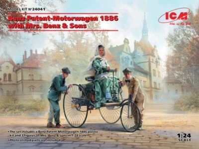 KIT MODELLINO AUTO STATICO ICM BENZ PATENT MOTORWAGEN 1886 W/MRS.BENZ 1/24 - Immagine 1 di 4