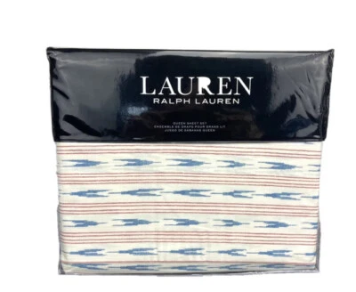Lauren Ralph Lauren Lucie Ikat Stripe QUEEN Cotton Deep Sheet Set 4pc  MSRP $170 - Image 1 of 3
