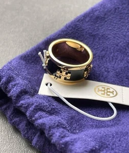 TORY BURCH ENAMEL RAISED LOGO RING IN BLACK COLOR. SIZE  7. NEW with Tag - Picture 1 of 3