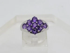 Solid Sterling Silver .925 Round Purple Amethyst Gemstone Cluster Ring Size 7 - Picture 1 of 11