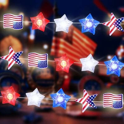 YOOUMOGA 4th of July Patriotic String Lights - 16ft 50 USA Flag and Red, White and Blue L