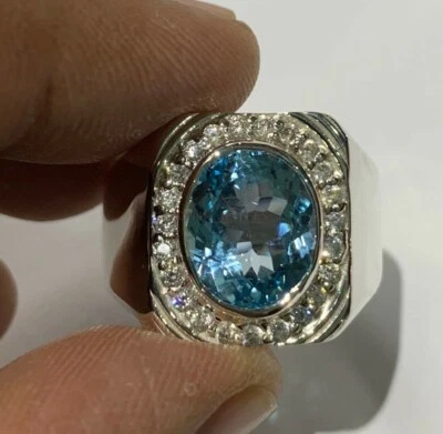 Natural Blue Topaz Gemstone with 925 Sterling Silver Ring for Men's AJ478 - Image 1 of 4
