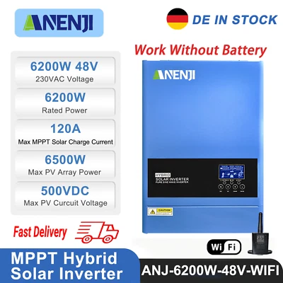ANENJI 6200W Hybrid Solar Wechselrichter Inverter Off Grid MPPT 120A 220V 500V 48V WIFI
