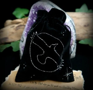 Raven and Moon Spell Pouch Talisman Charm Crystal Rune Bag Wicca Witch Pagan - Picture 1 of 5