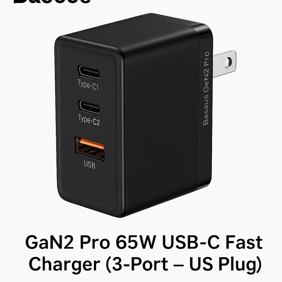 Cargador rápido Baseus 65W GaN USB-C—3 puertos [2 USB-C + 1 USB-A] carga rápida Foto 1 de 1