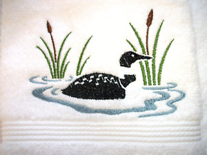 LOON ON THE LAKE DESIGN, EMBROIDERED WHITE HAND TOWEL