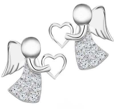 Zirkonia Engel mit Herz Ohrringe 925 Silber Rhodiniert Schutzengel Ohrstecker - Bild 1 von 4