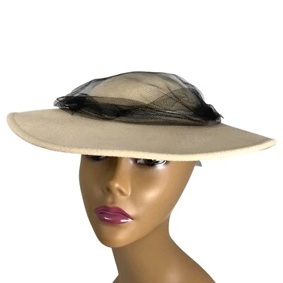 De Colección Bollman Off-White Doeskin Fieltro Lana Sombrero Negro Red Velo Ala Ancha Hecho en EE. UU. Foto 1 de 4