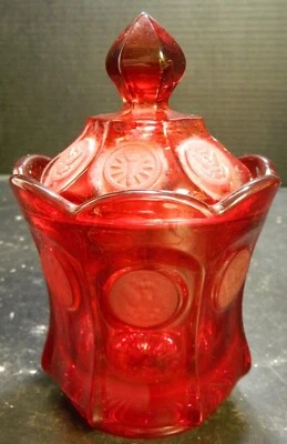 Vintage Fostoria Ruby Red Glass Eagle & Torch Coin Jar 6"x4.13"x4.13" Excellent - Image 1 of 4