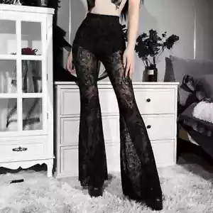 Sexy Flare Pants Through Mesh High Waist Women Trousers Punk Slim Clothing - Picture 1 of 18