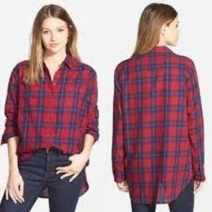 Madewell Edina Oversized rot & blau kariertes Flanellhemd Medium Tomboy Knopfleiste - Bild 1 von 12