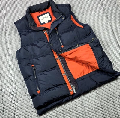 Orvis Essex Pato Plumón Azul Naranja Acolchado Chaleco Puffer Chaqueta M Cintura Ajustable Foto 1 de 4