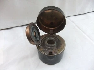 Antiguo tintero viajero del siglo XIX encuadernado en cobre/vidrio y cuero 5,5 x 6 cm - Imagen 1 de 11