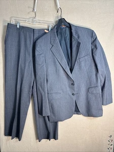 Vintage Cricketeer 42R Blue Gray Striped Wool 2 Piece Suit 33x28 2 Button - Picture 1 of 17