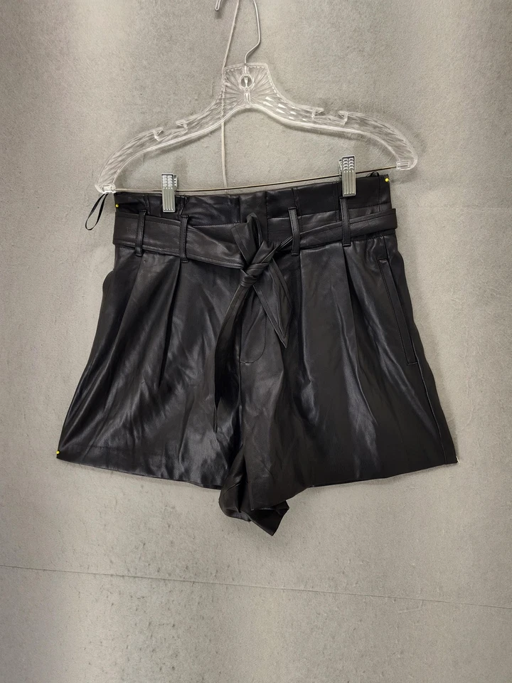 Zara 人造皮革短裤女式中号打褶高腰绑带口袋时尚 — 第 1/4 张图片
