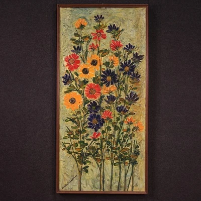 Grande nature morte signée fleurs tableau sur panneau art peinture 20ème siècle - Photo 1/4