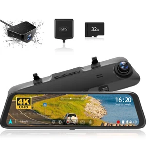 WOLFBOX 4K Mirror Dash Cam12'' Dual Dash Cameras Parking Monitoring 32GB SD - Picture 1 of 7