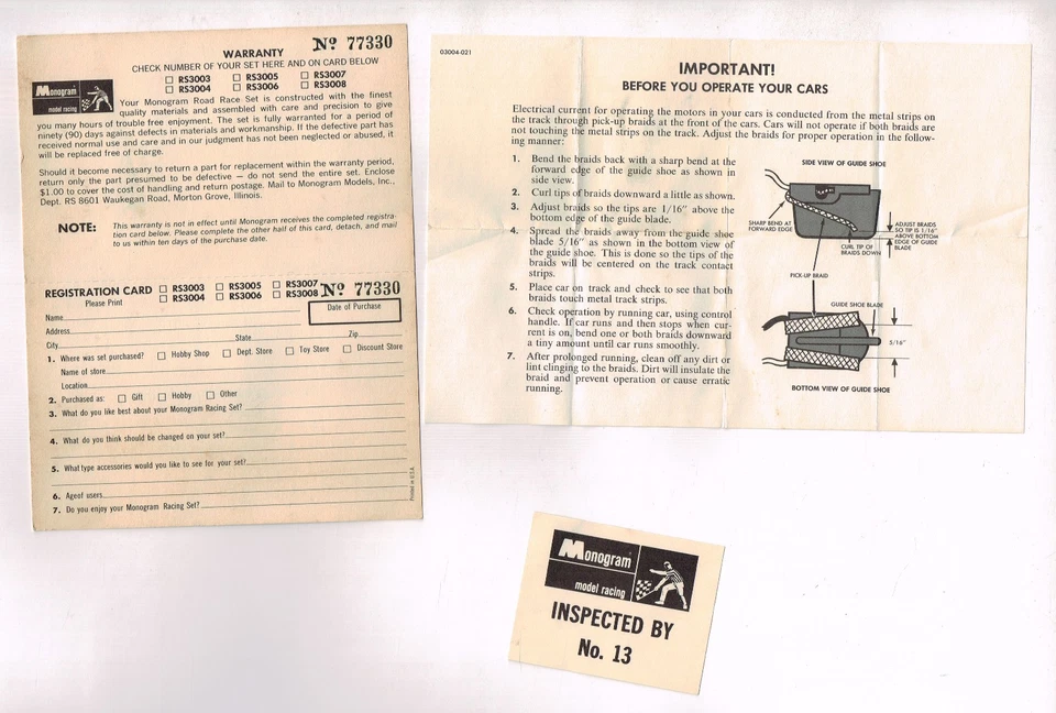 Antigua tarjeta de garantía monograma SLOT CAR del SET + inspección + hoja de instrucciones Foto 1 de 3