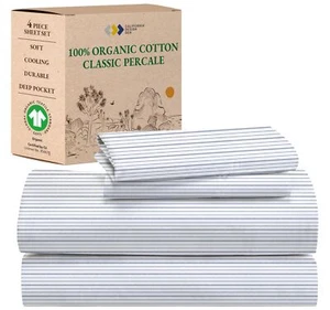 Stripe Sheets Queen 100% Organic Cotton Percale Sheets 4 Pc Deep Pocket Queen... - Picture 1 of 8