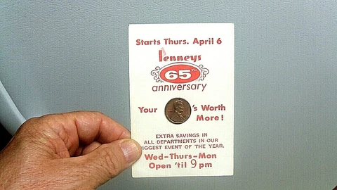 Vtg "JC Penny Advertising Card w/1967 Penny, No Mark, Extremely Fine Condition" Cover
