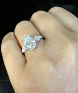 Pear Shape Moissanite Engagement Ring In 14k Solid White Gold Three Stone 3.70ct - Picture 1 of 11