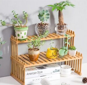 MyGift Tabletop Natural Bamboo Plant Stand, 2 Tier Desktop Shelf Rack