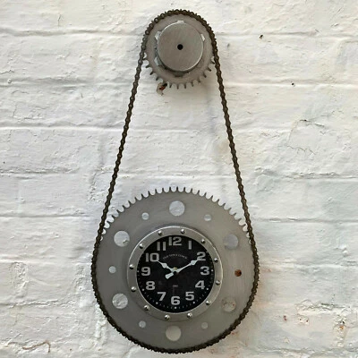 Industrial Bike Chain Wall Clock Metal Retro Silver Real Cog Gear Urban Decor - Image 1 of 4