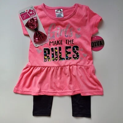 Talla 3T Dos 2 Piezas Conjunto Niñas Hacer las Reglas y Scunci Pelo Moño Clip Top Pantalones Foto 1 de 4