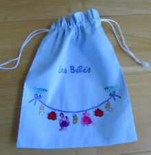 NEW Pretty Blue Cotton Drawstring bag with hand embroidered 'Les Bebes' 