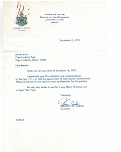 Carta firmada por Maine Gov. 1973 Kenneth M. Curtis a Hija de Walt Kuhn - Imagen 1 de 1