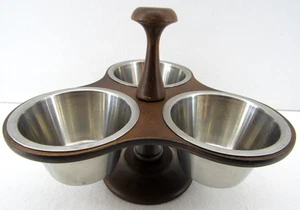 Wood Stainless 3 Bowl Condiment Serving Set ~ VTG MCM Organizer Margaret Studios - Picture 1 of 9