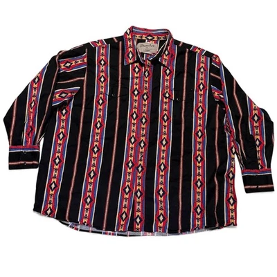 Wrangler Men's 3X Wrancher Southwestern Aztec Pearl Snap Western Shirt Black Red - Image 1 of 4