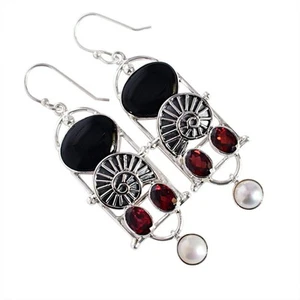 Pendientes colgantes de boda de granate de perlas de ónix negro joyería hecha... - Imagen 1 de 6
