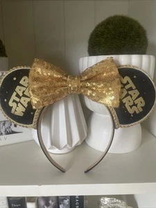 Handmade Star Wars Gold Glitter Bow Mickey Ears For Disney EUC Stylish! - Picture 1 of 5