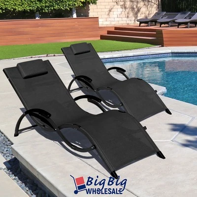 GENIQUA 2x Outdoor Patio Sun Loungers Beach Pool Garden Folding Chair Porch Chaise Black