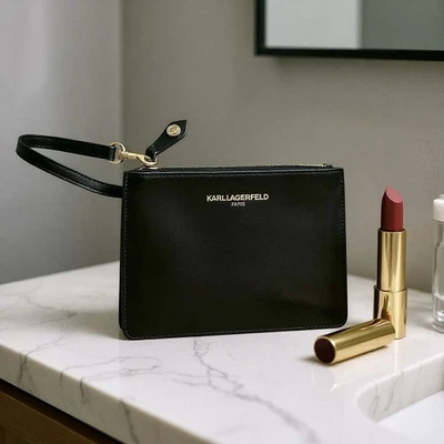 KARL LAGERFELD Negro Dorado Logo Cremallera Bolsa Muñequera Correa R $88 Foto 1 de 4