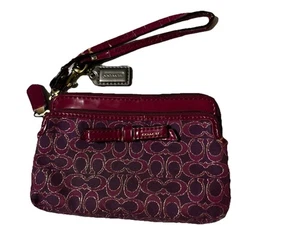 Coach Signature C Wristlet Clutch Burgundy Satin Red Patent Trim (Visible Wear) - Picture 1 of 16