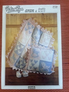 ARAN ROCKING HORSE HEART BABY COT BLANKET WITH CUSHION VTG KNITTING PATTERN 739 - Picture 1 of 2