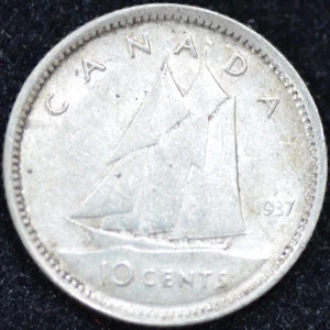 1937 EXTREMELY FINE 80% SILVER Canadian 10 cents - Picture 1 of 2