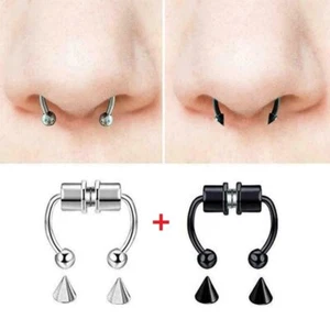 2 Pack Non-Piercing Magnetic Septum Fakes Nose Ear Rings White+Black Unisex US - Picture 1 of 12