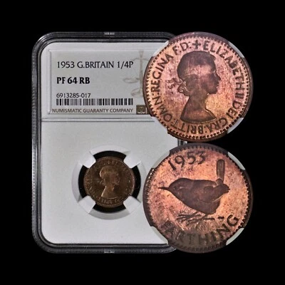 GREAT BRITAIN. 1953, Farthing - NGC PF64 - Eurasian Wren, Troglodyte RARE 017 RB - Image 1 of 4