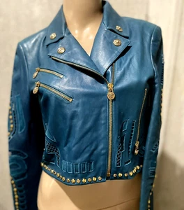 Chaqueta de cuero verde azulado con tachuelas bordadas Versace 2014 para pasarela EE. UU. 2 4 IT 38 - Imagen 1 de 9