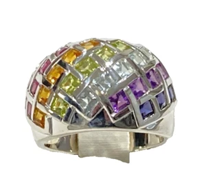 Vintage Sterling 2,20 TCW Quadratschliff Multi Edelstein 7 Reihen Regenbogen Ring Größe 6 WOW - Bild 1 von 13