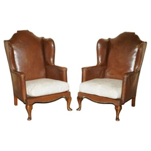 ANTIQUE PAIR OF CIRCA 1880 WILLIAM MORRIS CARVED LEGGED WINGBACK ARMCHAIRS - Picture 1 of 20