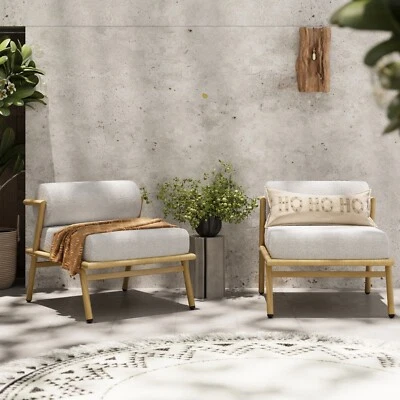 Sofá individual silla club de hierro acabado teca patio con cojín blanco roto, juego de 2 Foto 1 de 4